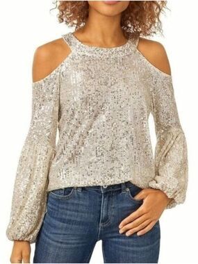 CECE CHAMPAGNE SEQUIN COLD SHOULDER BLOUSE - EUC - XS